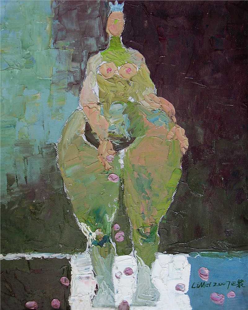 李梅油画〈橱窗美女〉28×25cm 2007年