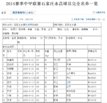 2014中甲联赛石家庄永昌球员名单（部分）