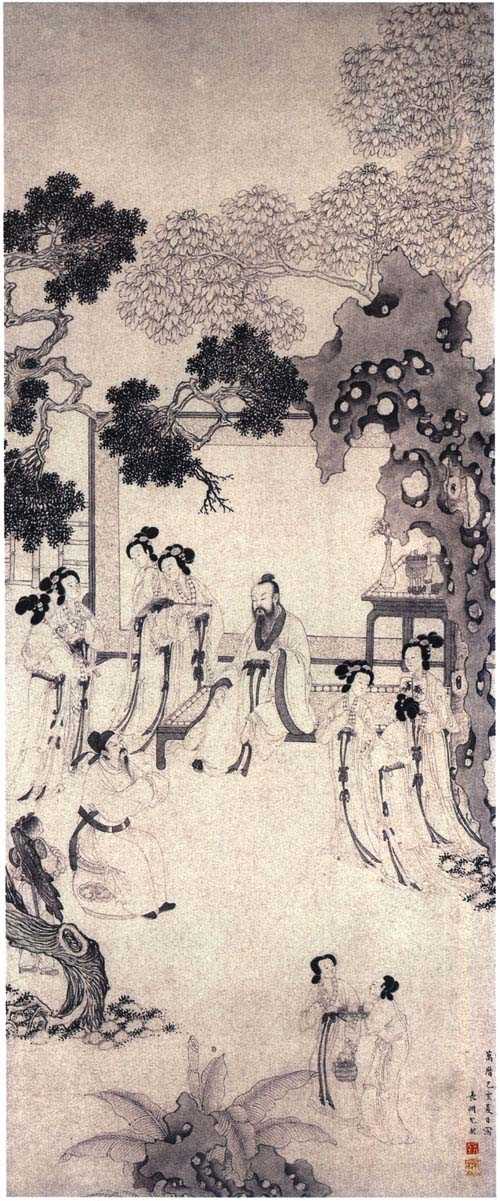 明尤求《红拂图》，绘李靖（左下）与红拂女（左持红拂者）相遇事