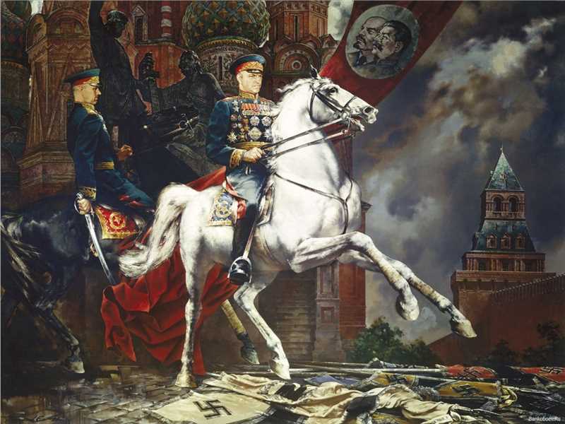 1945年莫斯科“胜利游行”的朱可夫（中）与罗科索夫斯基