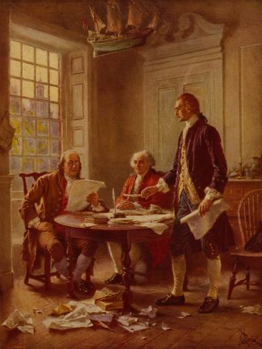 富兰克林*左起与亚当斯、杰斐逊一起讨论《独立宣言》的内容
