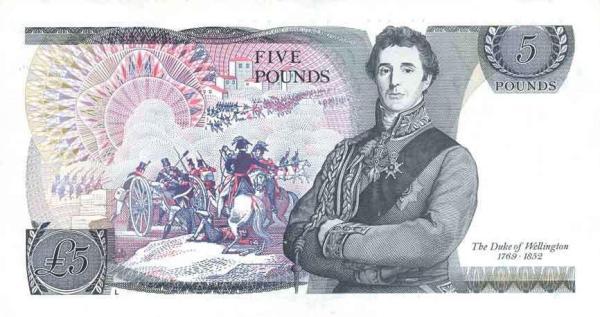 “D”系列英镑中5英镑背面的韦尔斯利肖像，身旁是萨拉曼卡战役