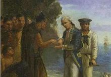 詹姆斯·库克舰长登陆后正在与毛利人交流